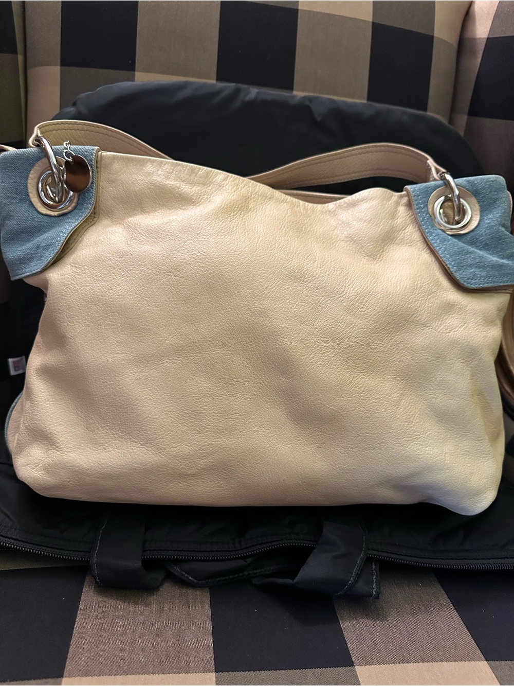 Barbara Milano Leather Tote Bag in Cream with Blue Denim Accents